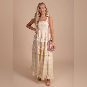 Storia Women Yellow Sunny Days Tiered Plaid Ruffle Smocked Maxi Dress Size S